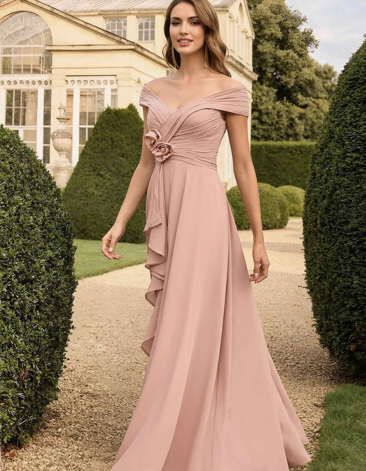 Pink Off The Shoulder Chiffon Maxi Dress