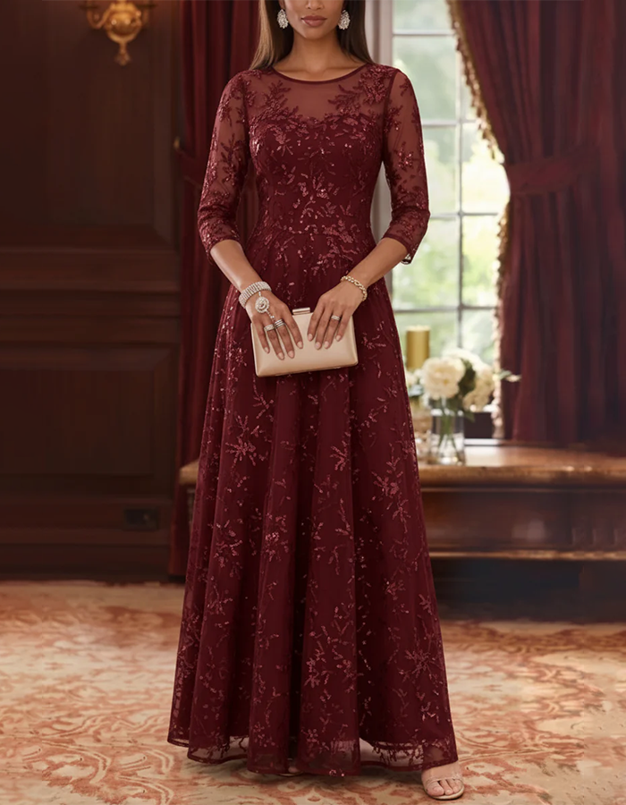 Vestido Maxi Azul Marinho Ilusão com Decote Redondo, Tule com Lantejoulas Florais e Corte em A