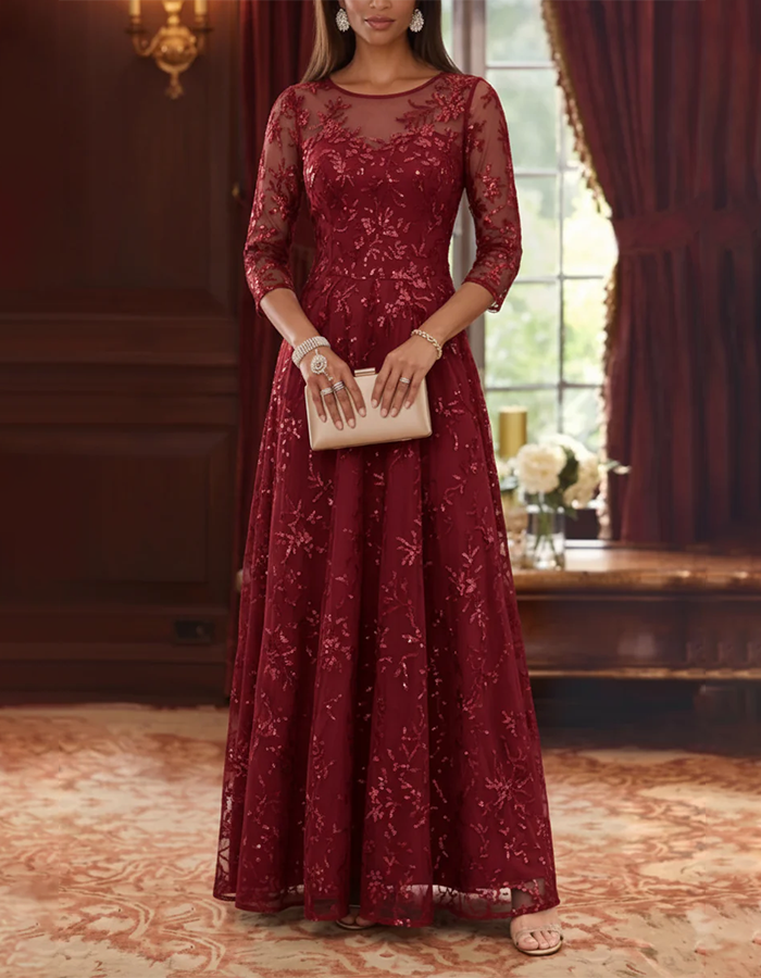 Vestido Maxi Azul Marinho Ilusão com Decote Redondo, Tule com Lantejoulas Florais e Corte em A