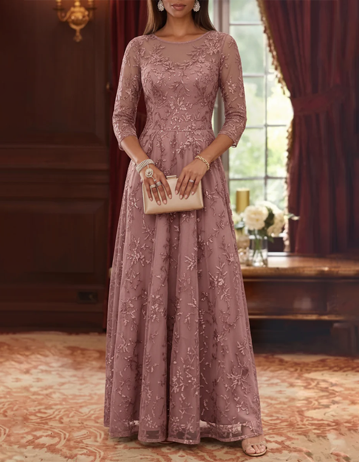 Vestido Maxi Azul Marinho Ilusão com Decote Redondo, Tule com Lantejoulas Florais e Corte em A