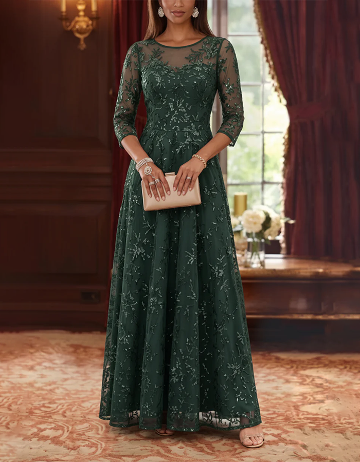 Vestido Maxi Azul Marinho Ilusão com Decote Redondo, Tule com Lantejoulas Florais e Corte em A