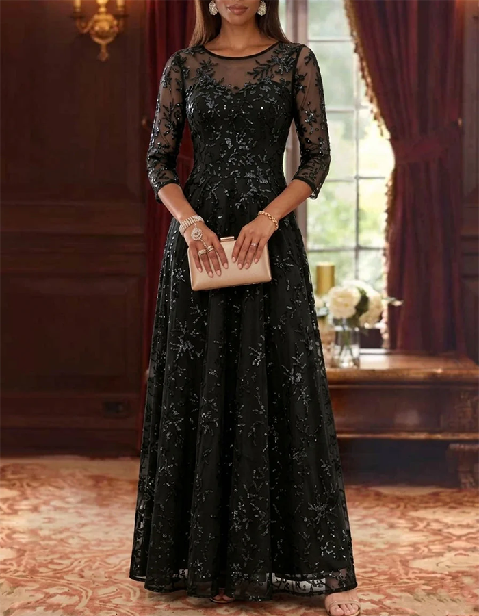 Vestido Maxi Azul Marinho Ilusão com Decote Redondo, Tule com Lantejoulas Florais e Corte em A