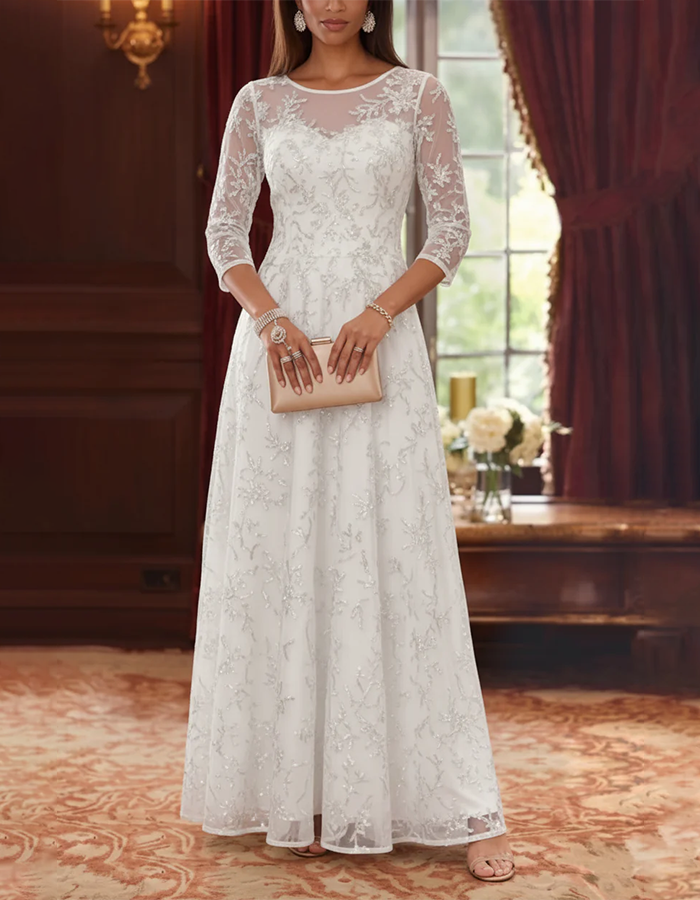 Vestido Maxi Azul Marinho Ilusão com Decote Redondo, Tule com Lantejoulas Florais e Corte em A