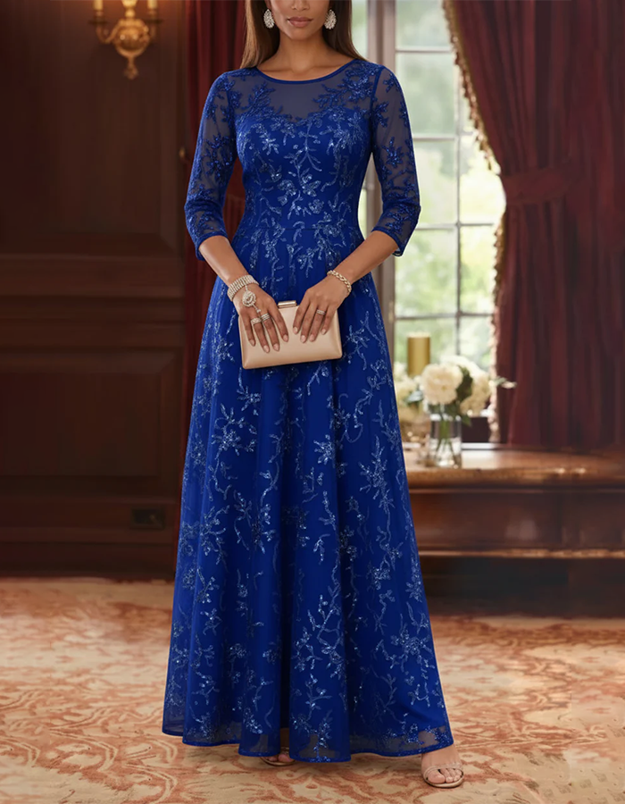 Vestido Maxi Azul Marinho Ilusão com Decote Redondo, Tule com Lantejoulas Florais e Corte em A