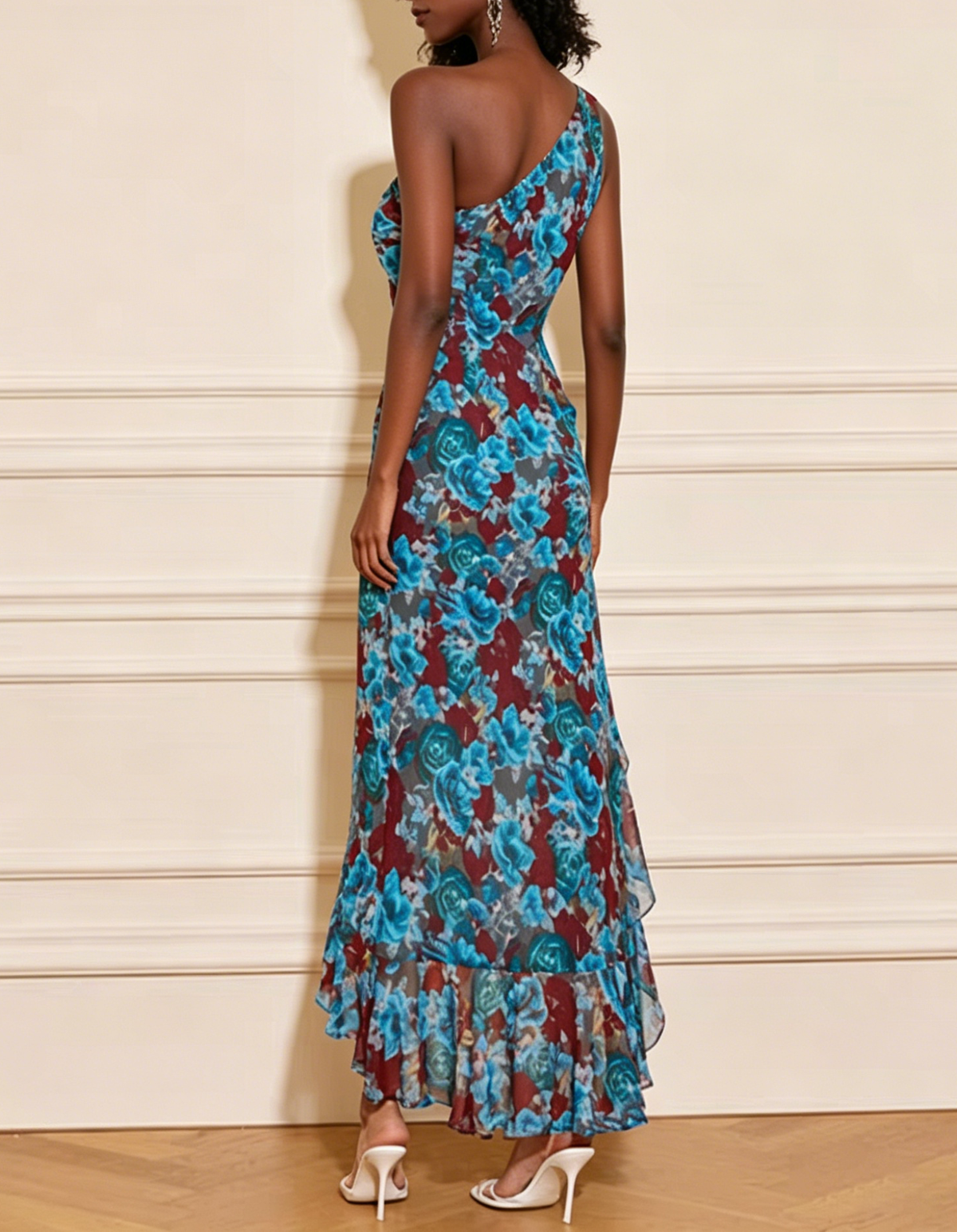 Vestido largo de gasa con estampado floral azul oscuro, un hombro y volantes con flores 3D  