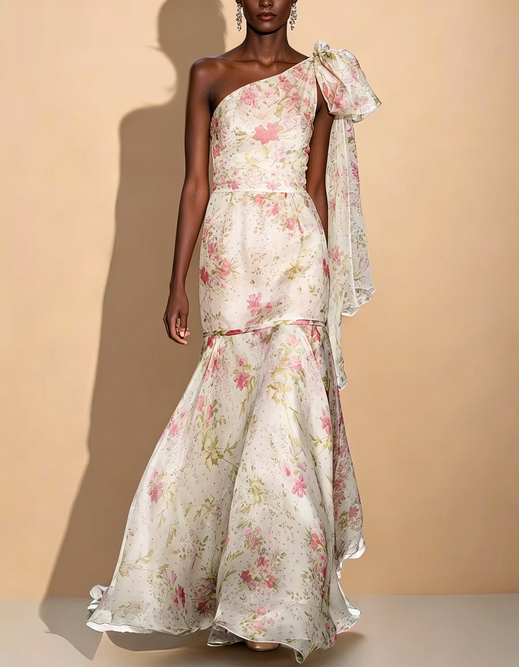 Light Pink Floral Print Round Neck Bow Sash Chiffon Mermaid Maxi Dress