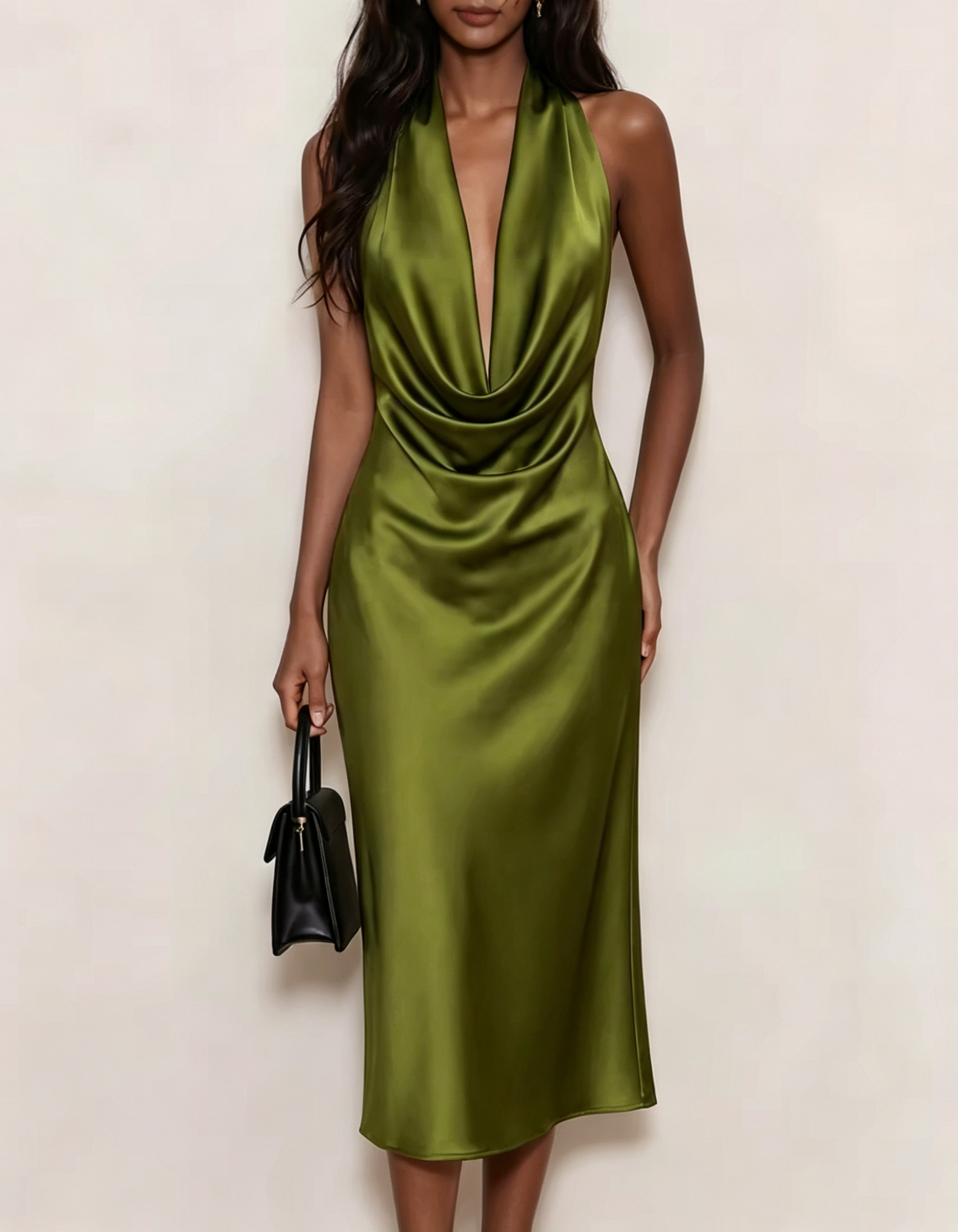 Halter Cowl Deep V Satin Mermaid Midi Dress