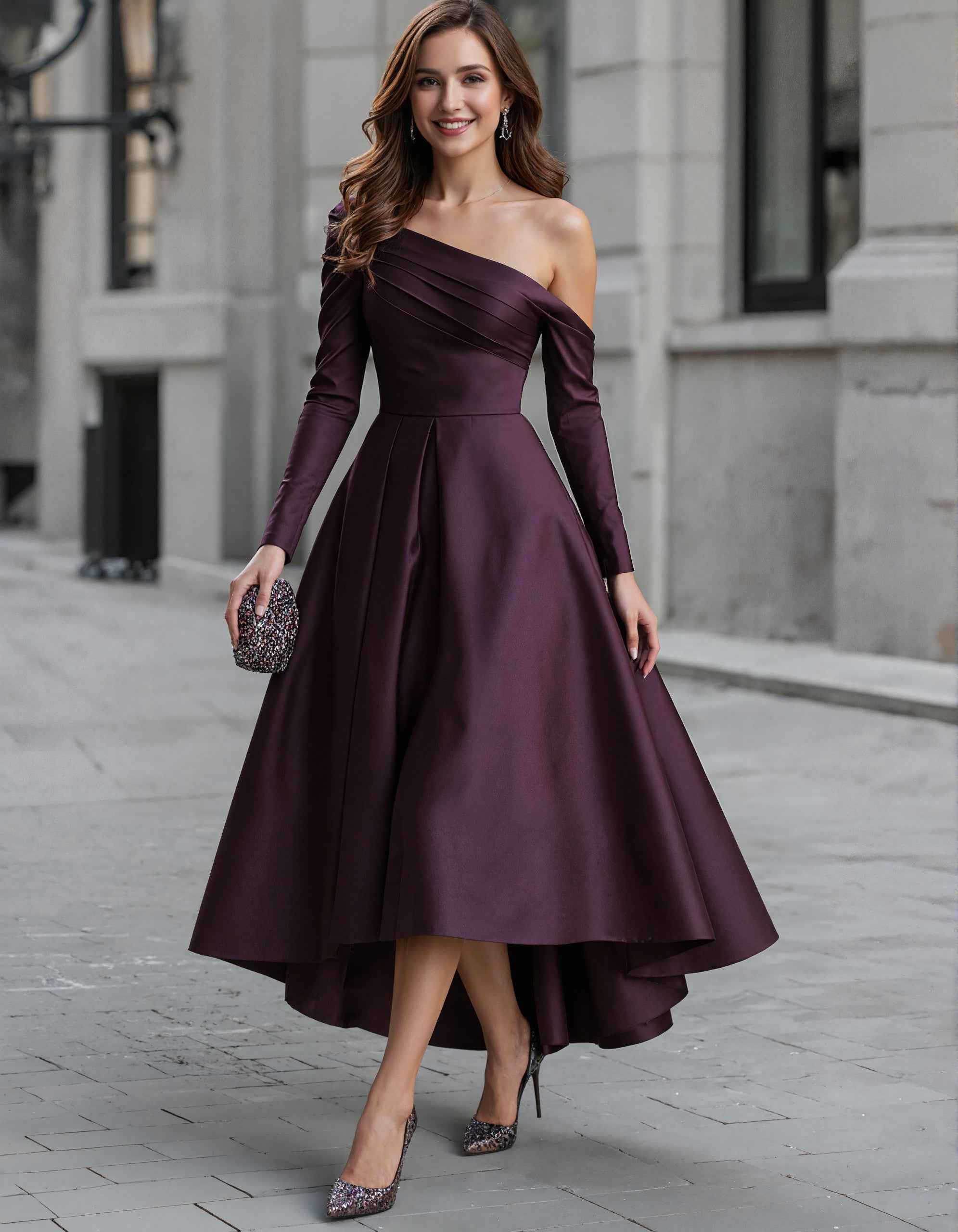 Purple Satin One Shoulder Maxi Dress