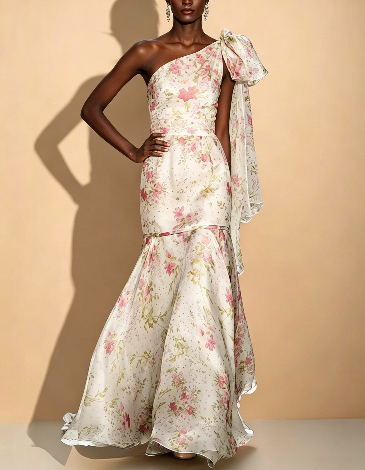 Hellrosa Maxikleid mit Blumenmuster, Rundhalsausschnitt, Schleifengürtel und Chiffon-Mermaid-Schnitt