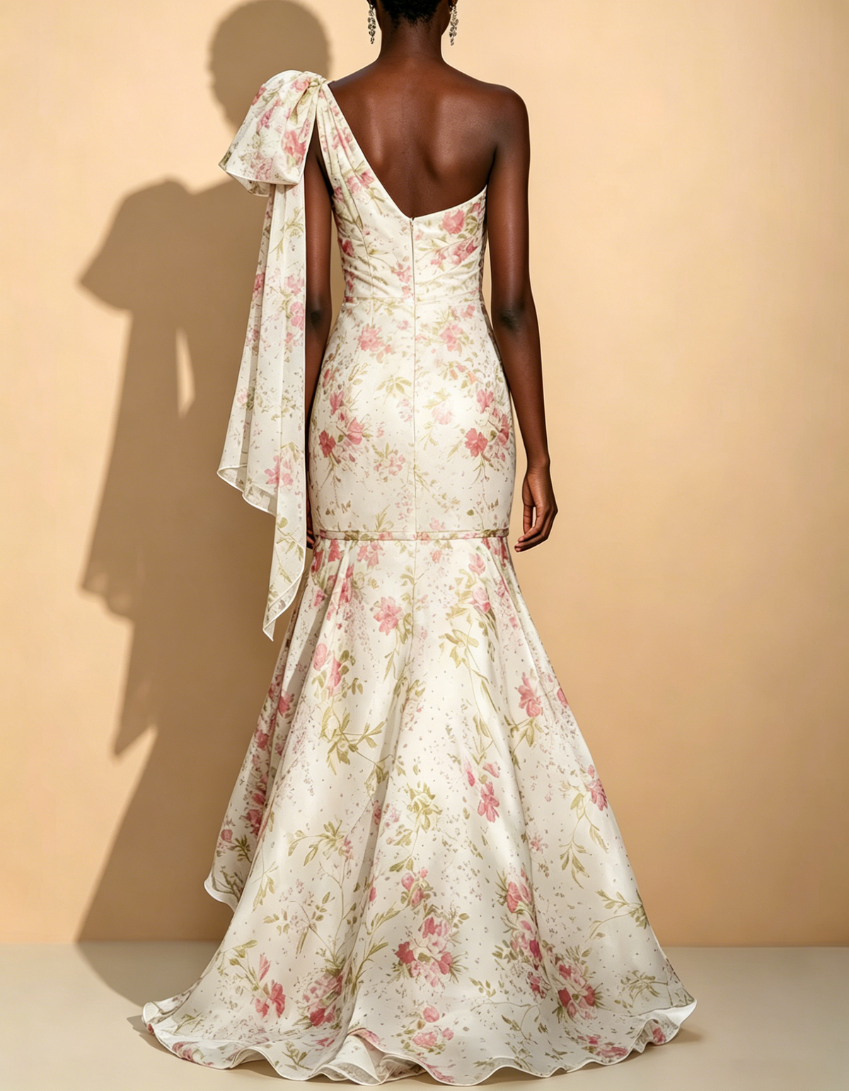 Hellrosa Maxikleid mit Blumenmuster, Rundhalsausschnitt, Schleifengürtel und Chiffon-Mermaid-Schnitt