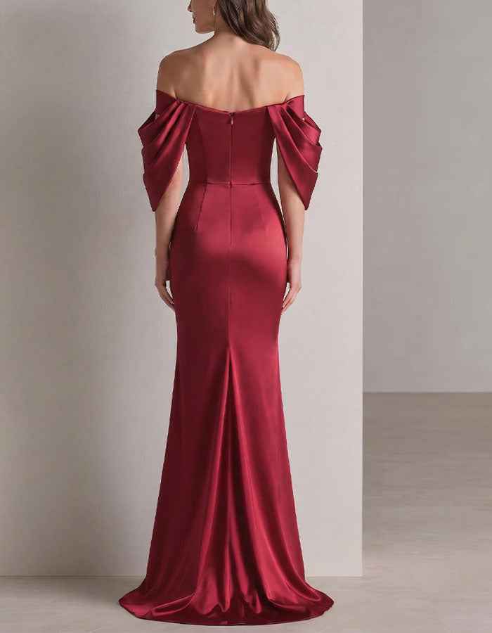 Burgundy Satin Off The Shoulder Style Maxi Dress