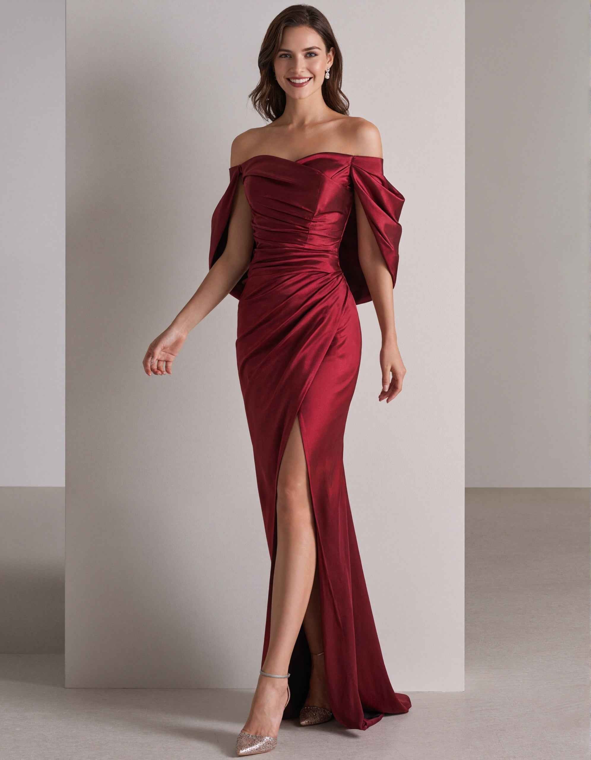Burgundy Satin Off The Shoulder Style Maxi Dress