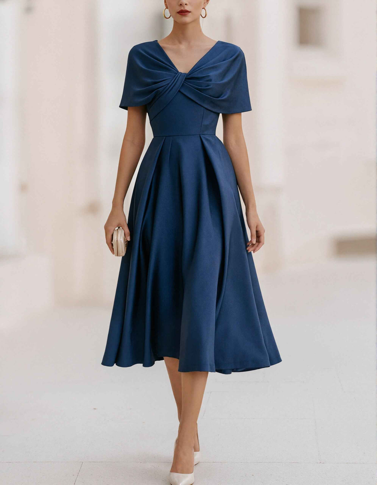Navy Satin Front With A Twisted Detail Midi Dress