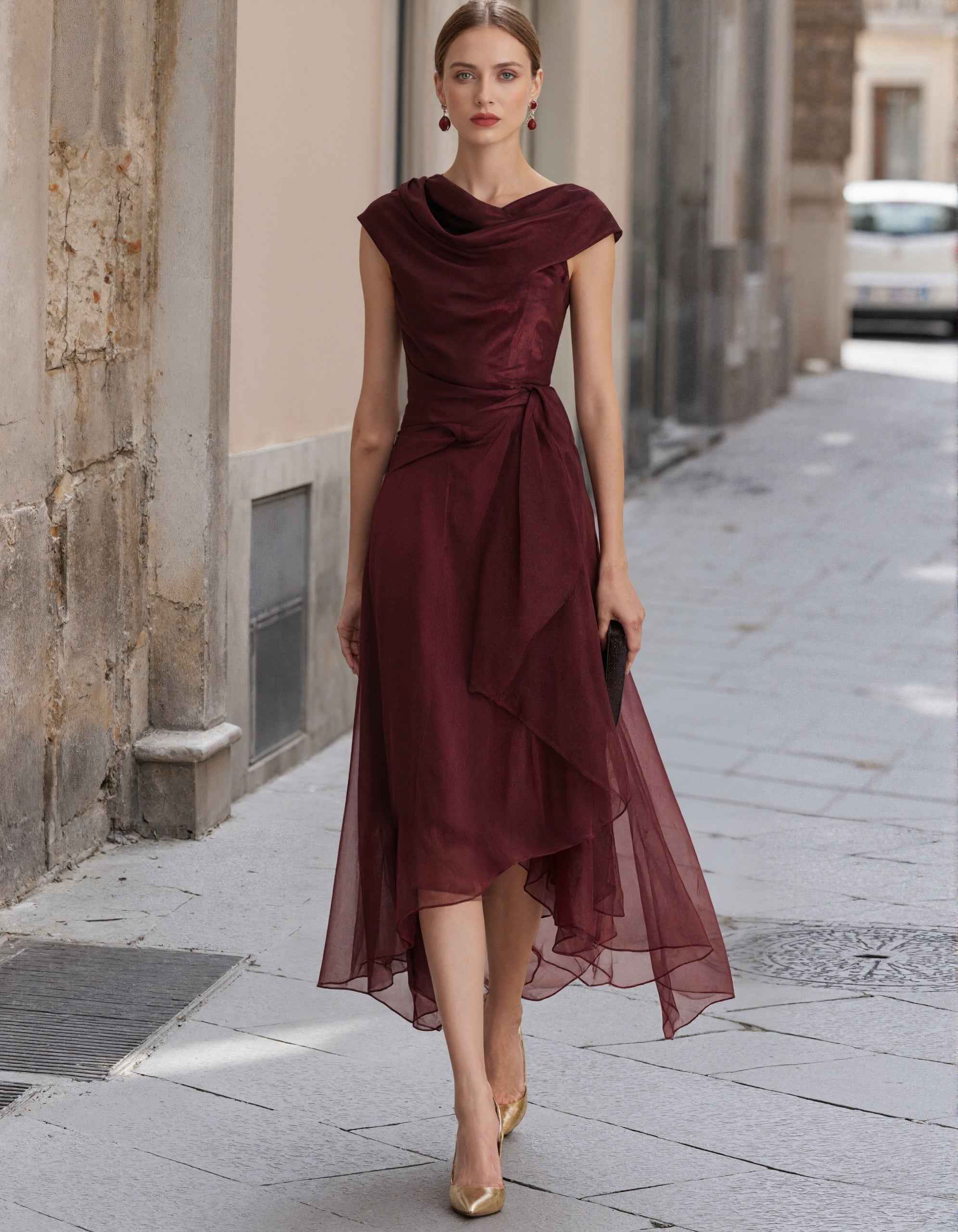 Burgundy Sleeveless Chiffon With A Layered Neckline Maxi Dress