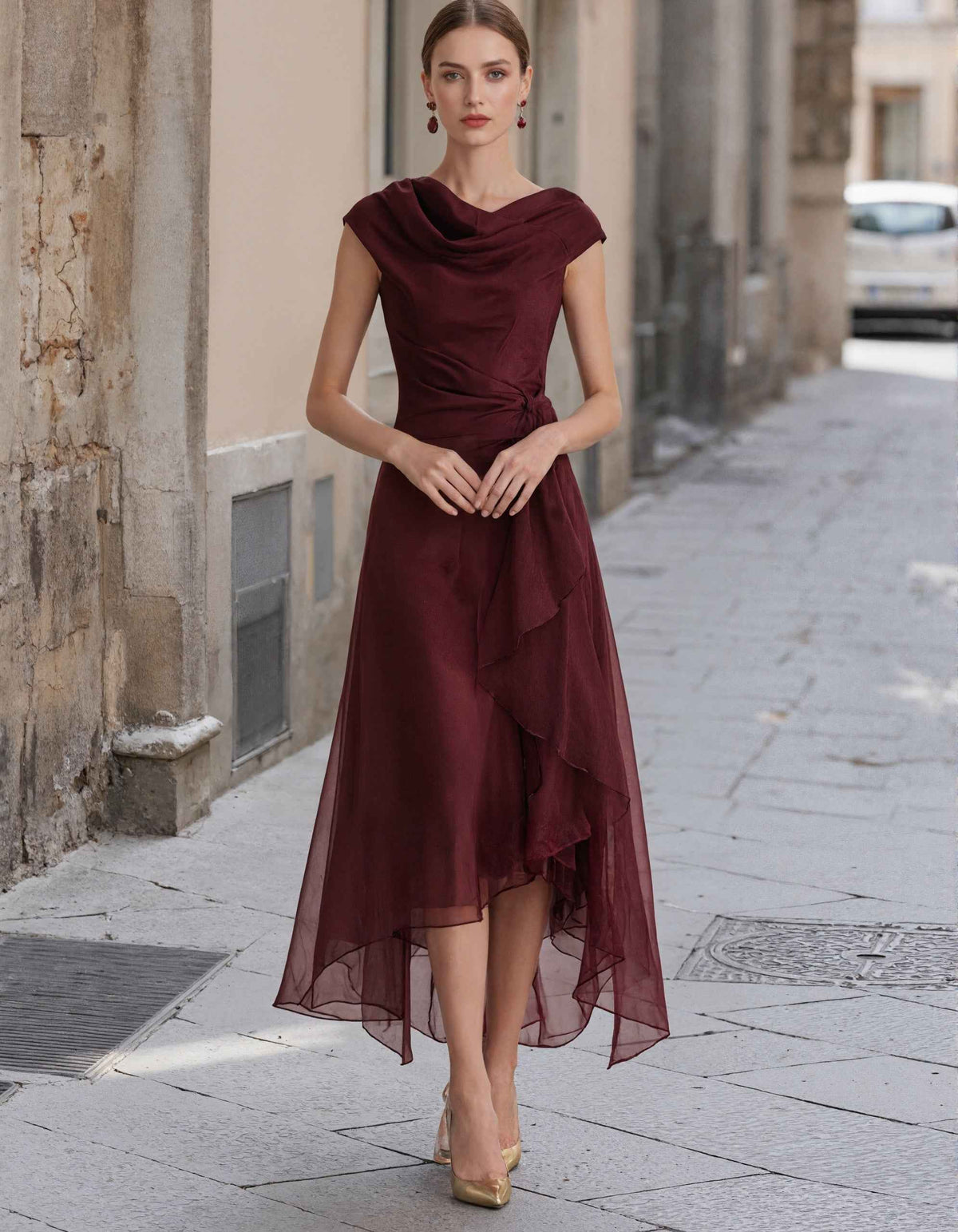Burgundy Sleeveless Chiffon With A Layered Neckline Maxi Dress
