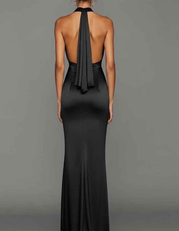 Solid Color Satin Halter Neck Maxi Dress