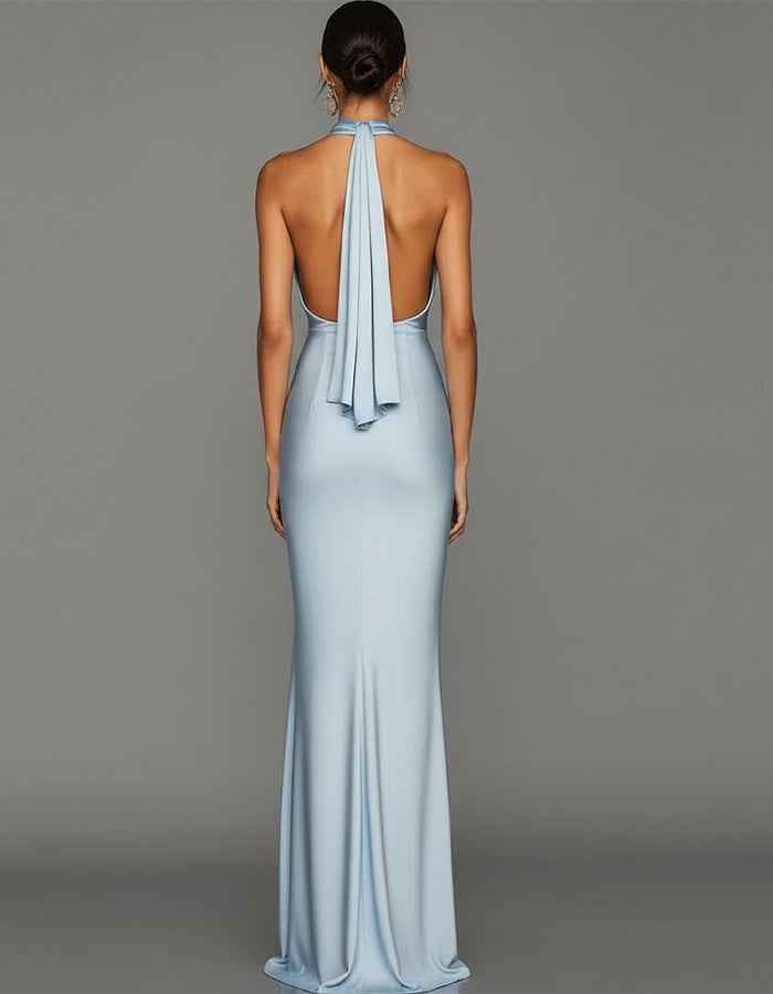 Solid Color Satin Halter Neck Maxi Dress