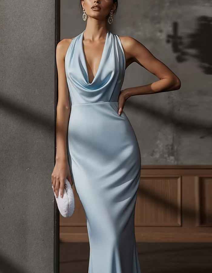 Solid Color Satin Halter Neck Maxi Dress