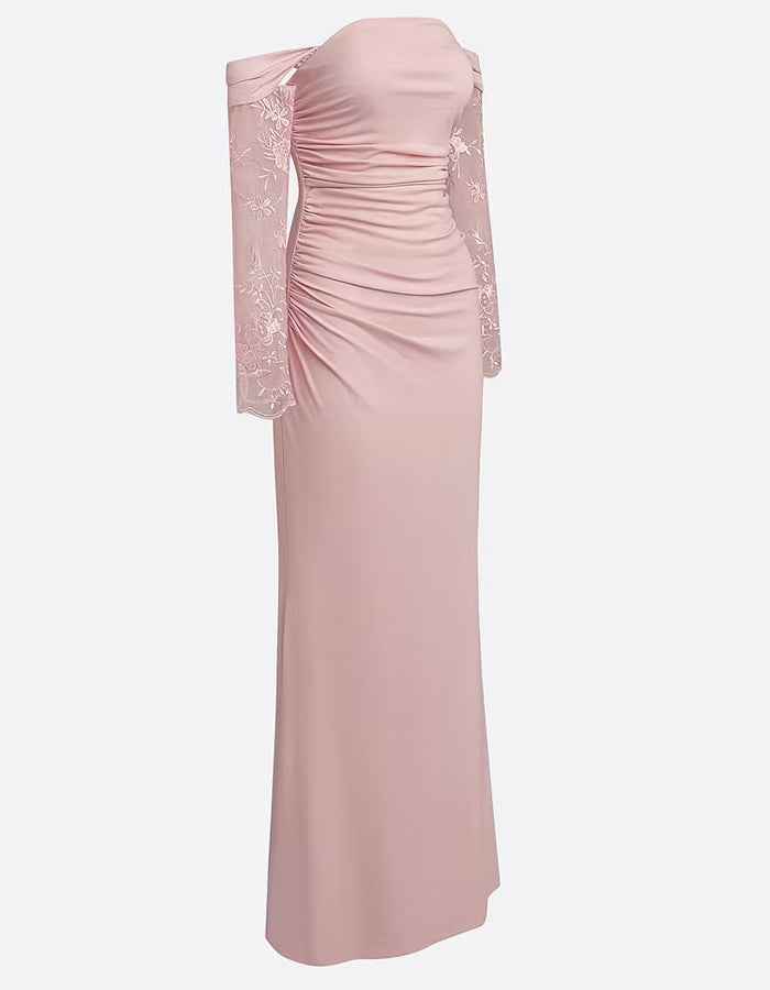 Pink Floral Mesh Lace Off Shoulder Long Sleeve Maxi Dress