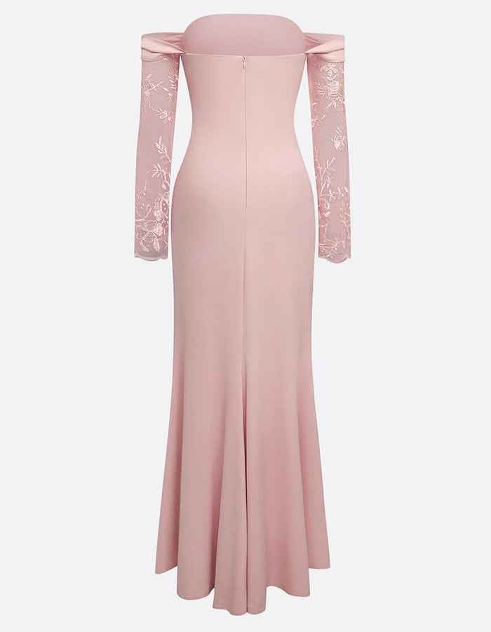 Pink Floral Mesh Lace Off Shoulder Long Sleeve Maxi Dress