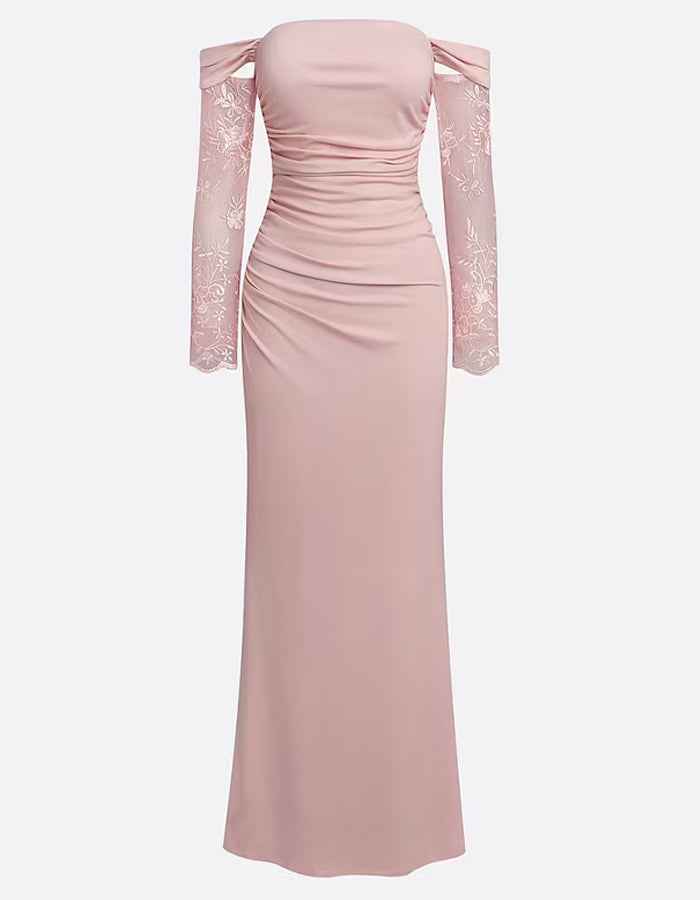 Pink Floral Mesh Lace Off Shoulder Long Sleeve Maxi Dress