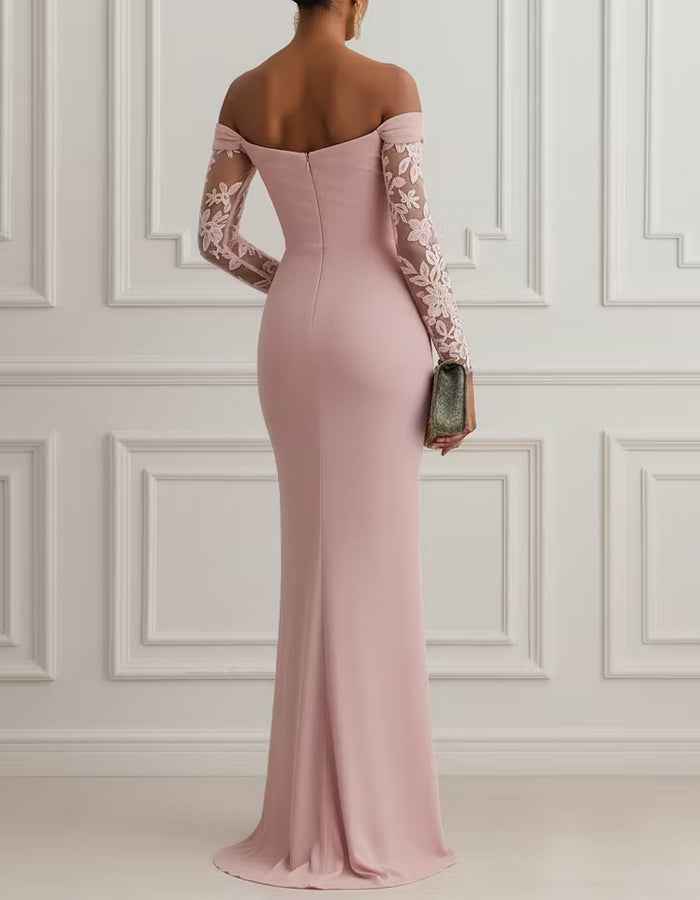 Pink Floral Mesh Lace Off Shoulder Long Sleeve Maxi Dress