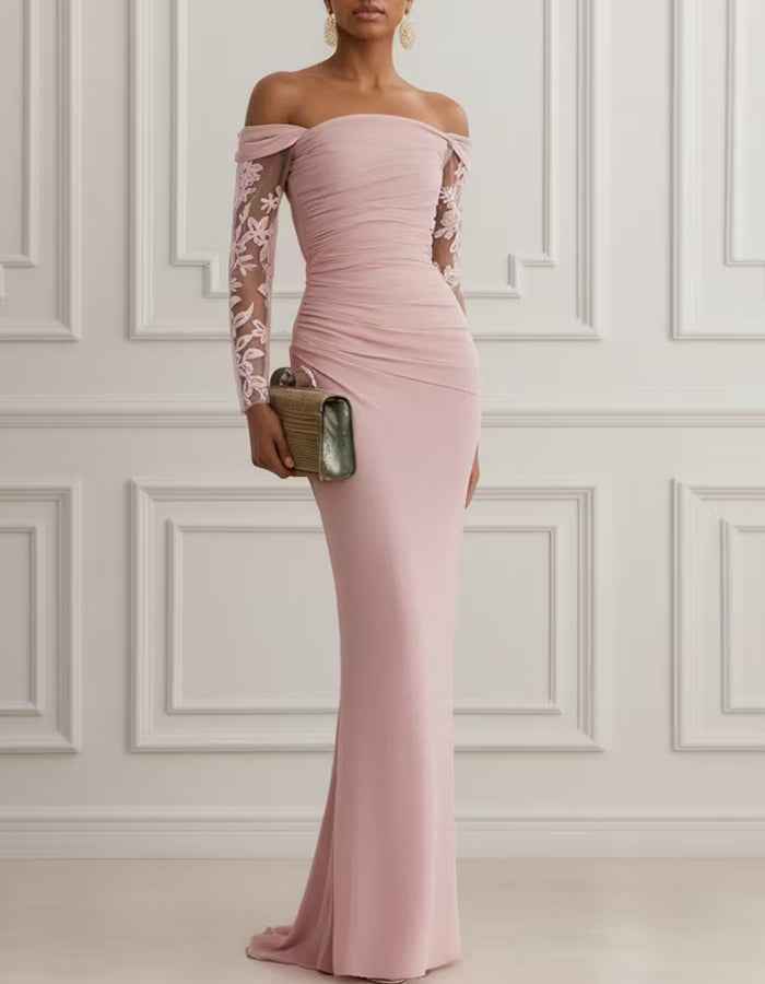 Pink Floral Mesh Lace Off Shoulder Long Sleeve Maxi Dress
