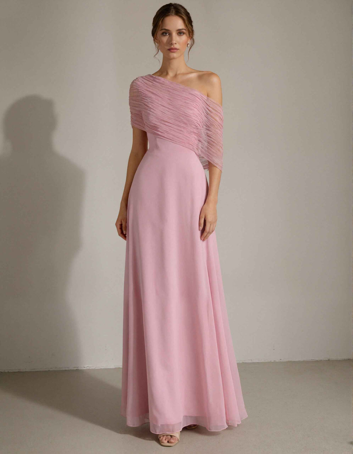 Pink Chiffon One Shoulder Pleated Design Maxi Dress