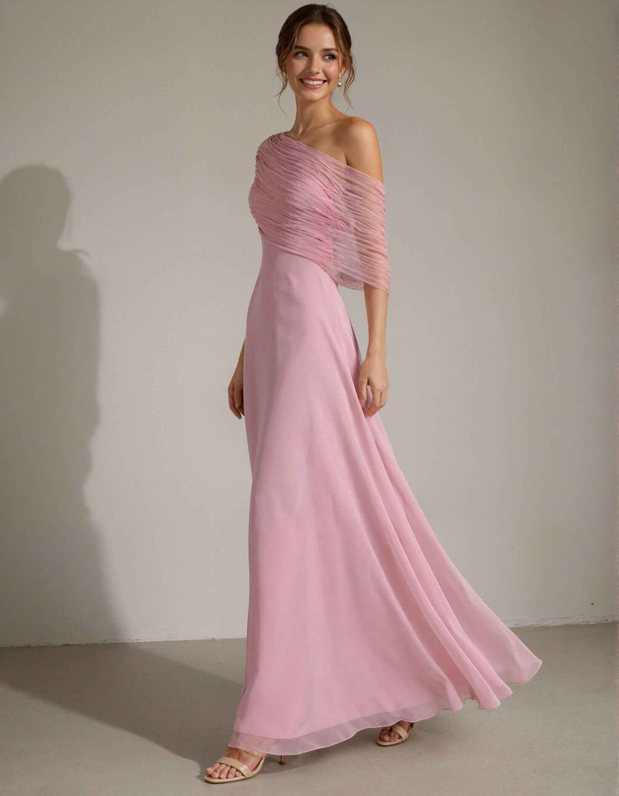 Pink Chiffon One Shoulder Pleated Design Maxi Dress