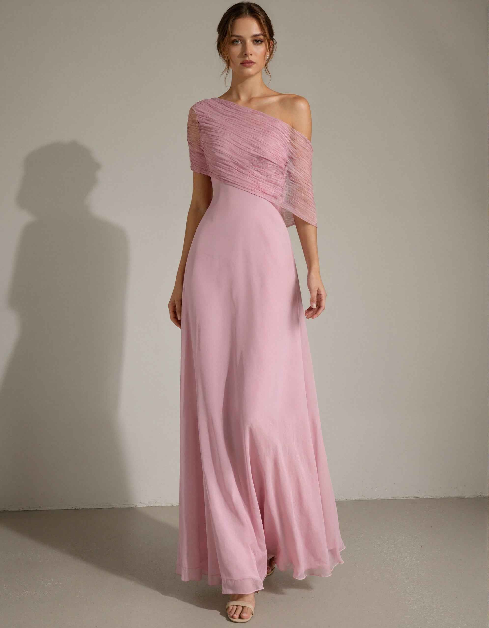 Pink Chiffon One Shoulder Pleated Design Maxi Dress