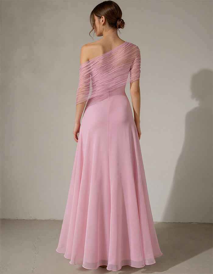 Pink Chiffon One Shoulder Pleated Design Maxi Dress