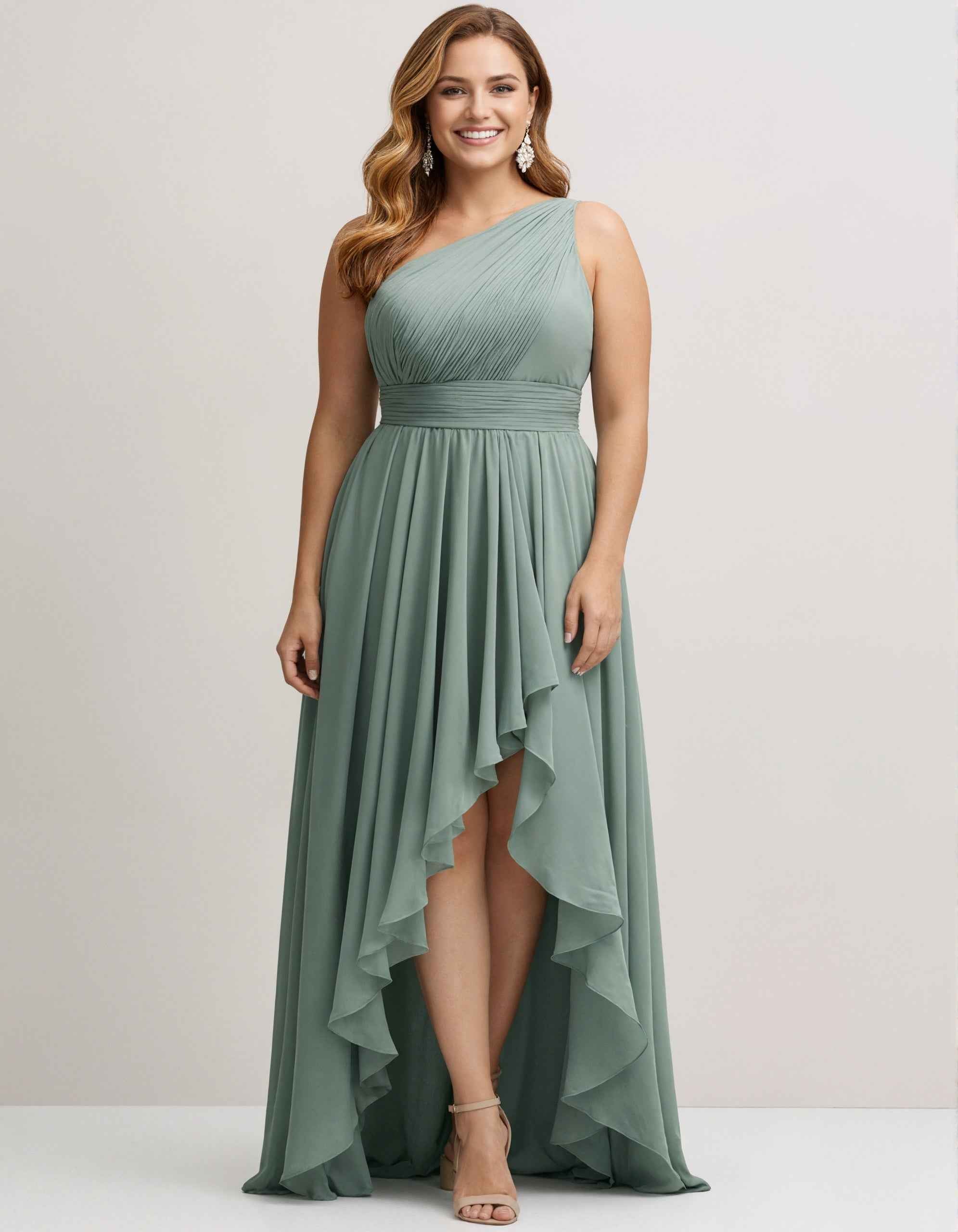 Sage Green One Shoulder Chiffon Maxi Dress