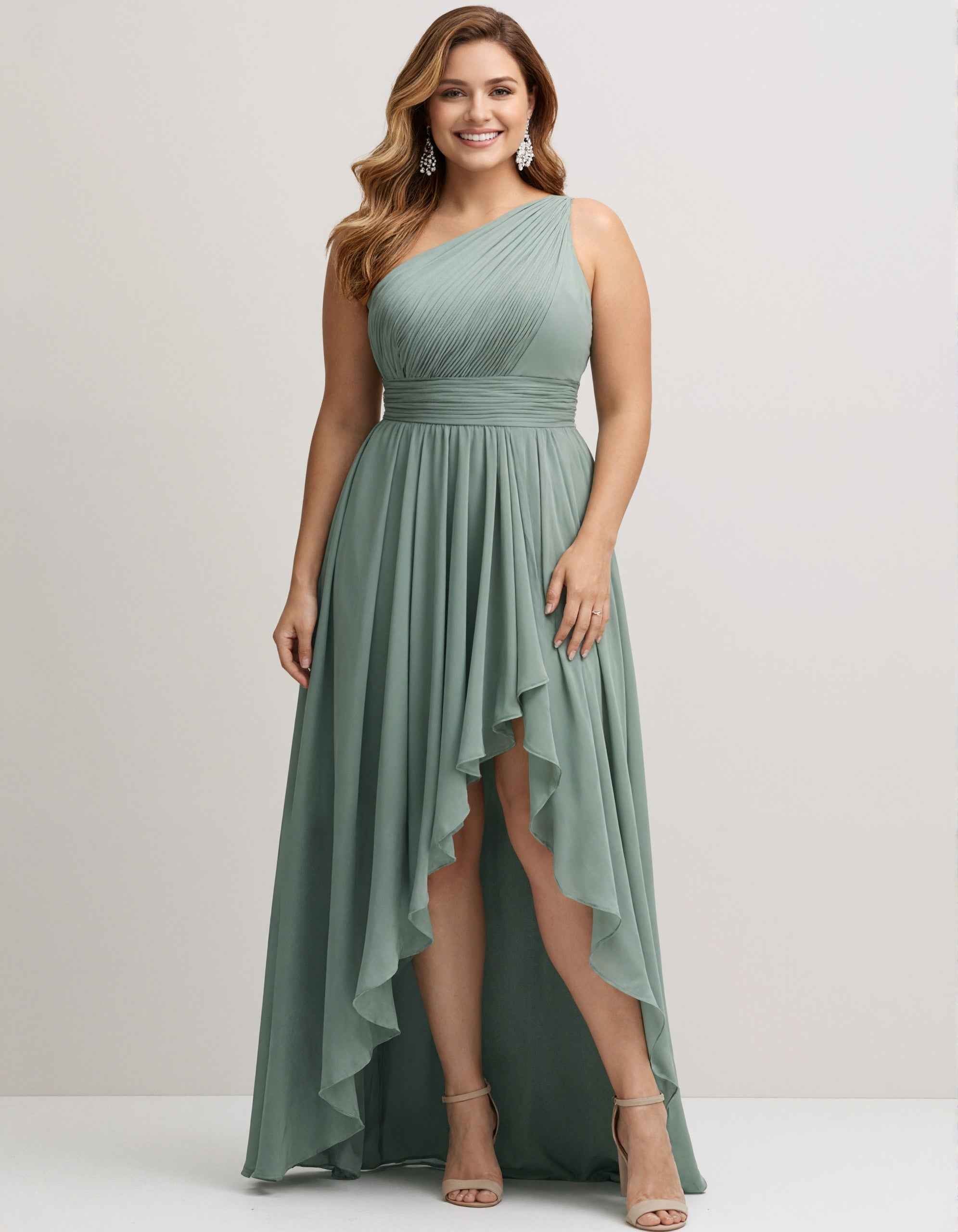 Sage Green One Shoulder Chiffon Maxi Dress