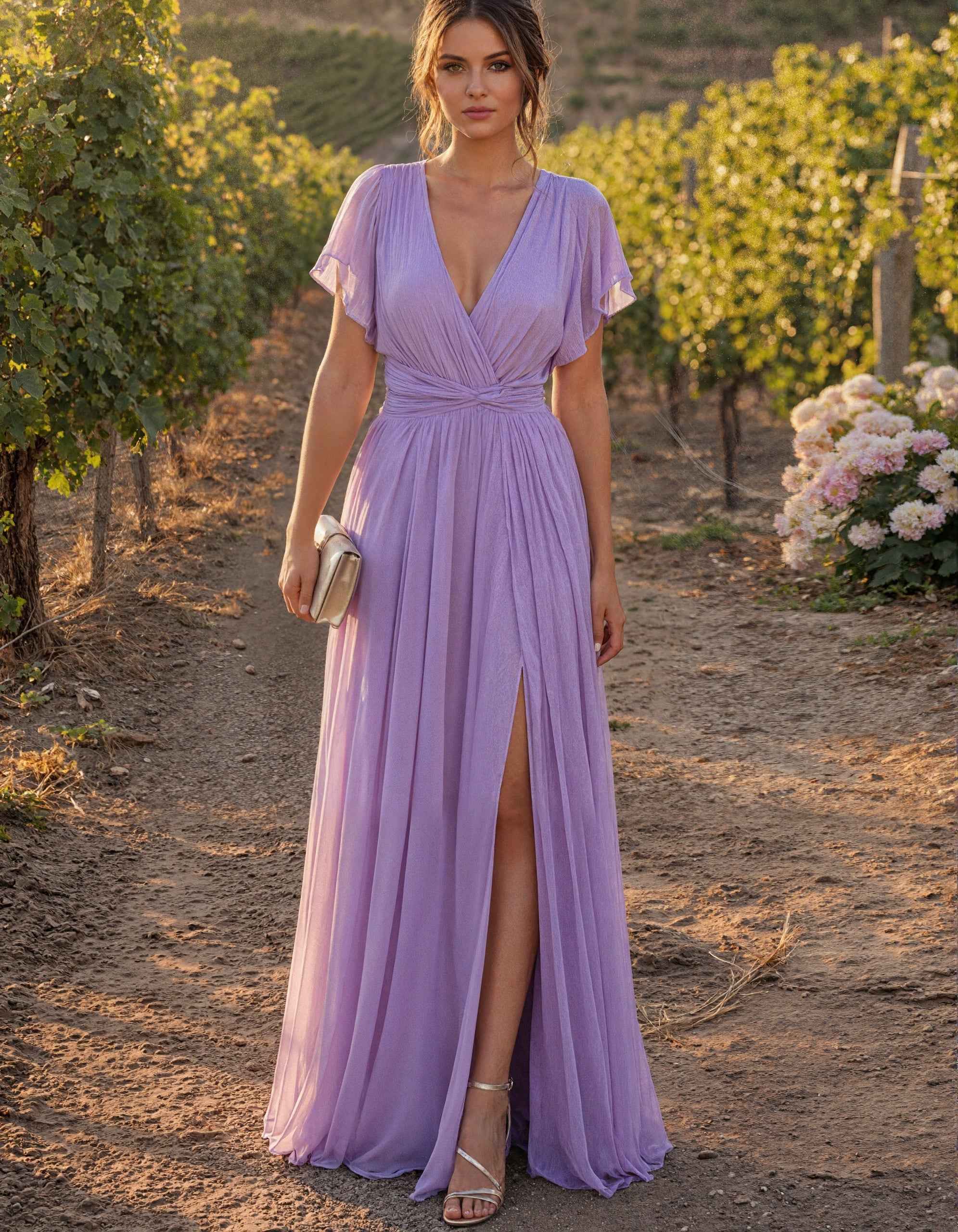 Lavender V-Neck Short Sleeve Chiffon Maxi Dress