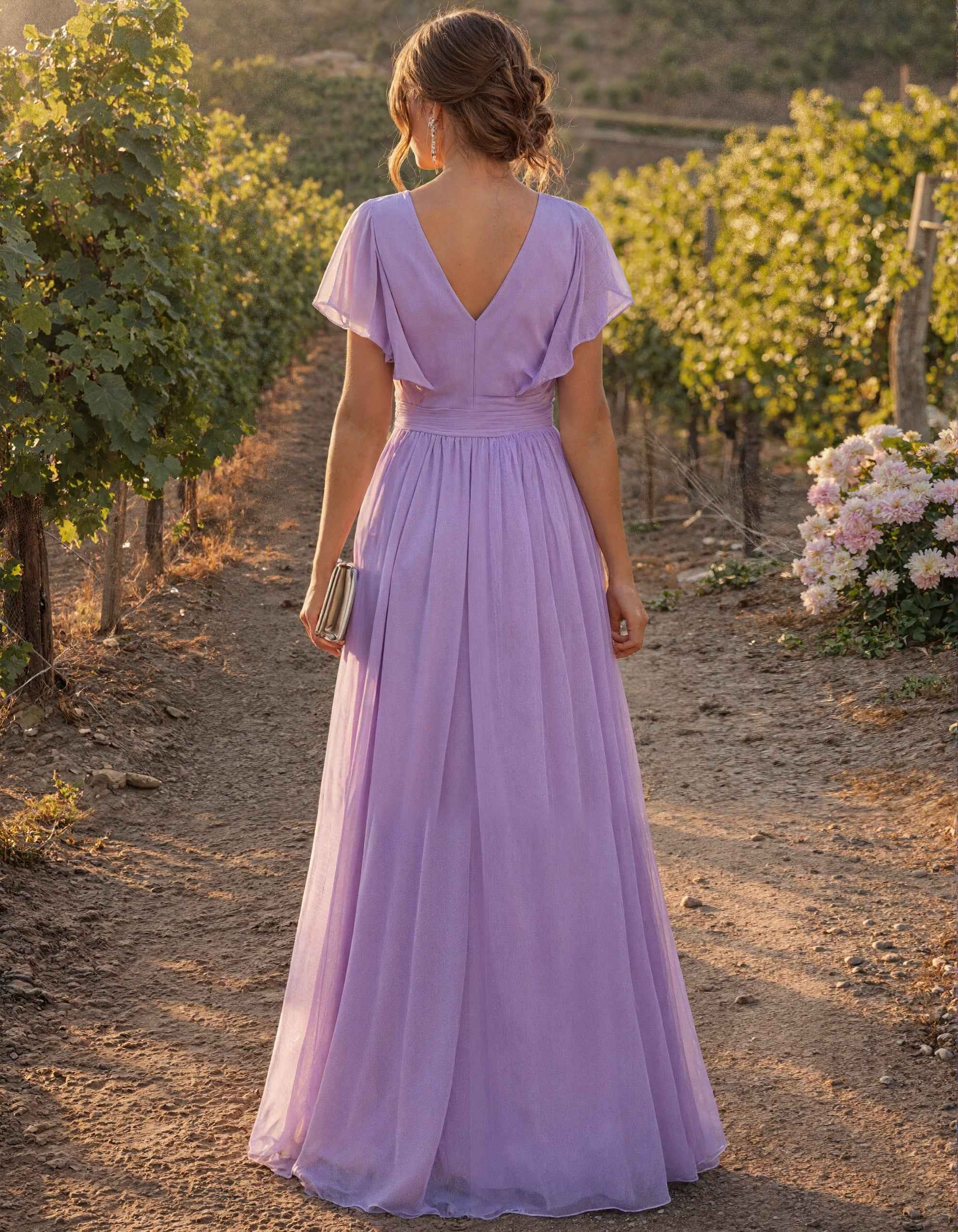 Lavender V-Neck Short Sleeve Chiffon Maxi Dress