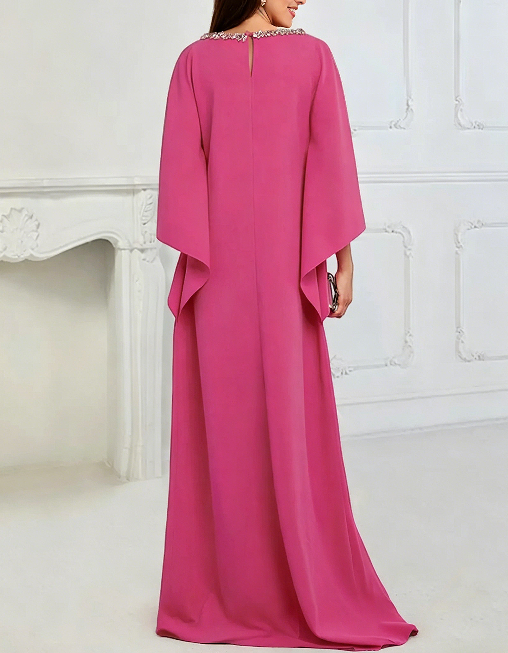 Vestido largo holgado de corte A, elástico, con lentejuelas, cuello redondo y mangas murciélago