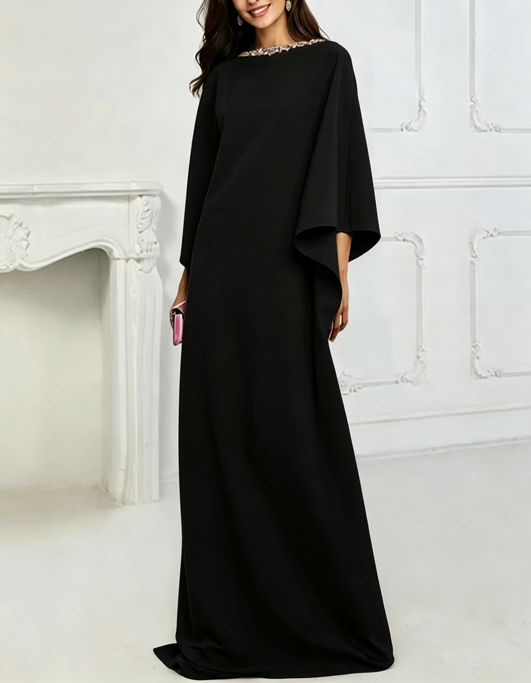 Rhinestone Trim Round Neck Batwing Sleeve Stretch Loose A-Line Maxi Dress