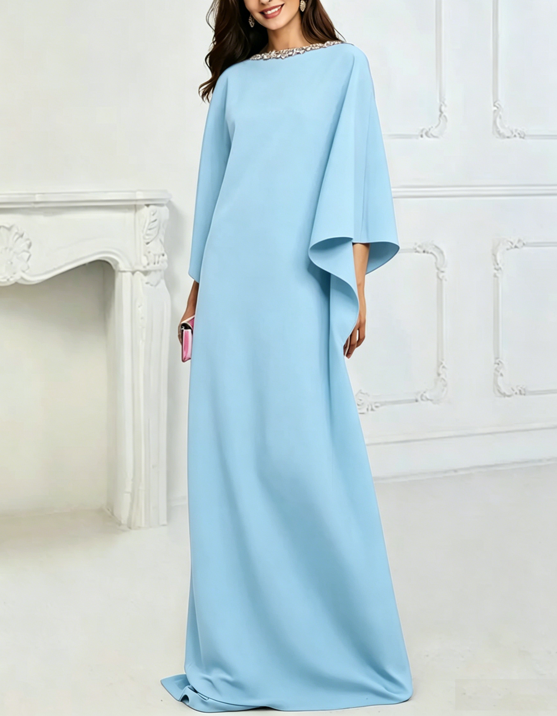 Vestido maxi solto evasé, elástico, com mangas morcego e gola redonda, com lantejoulas