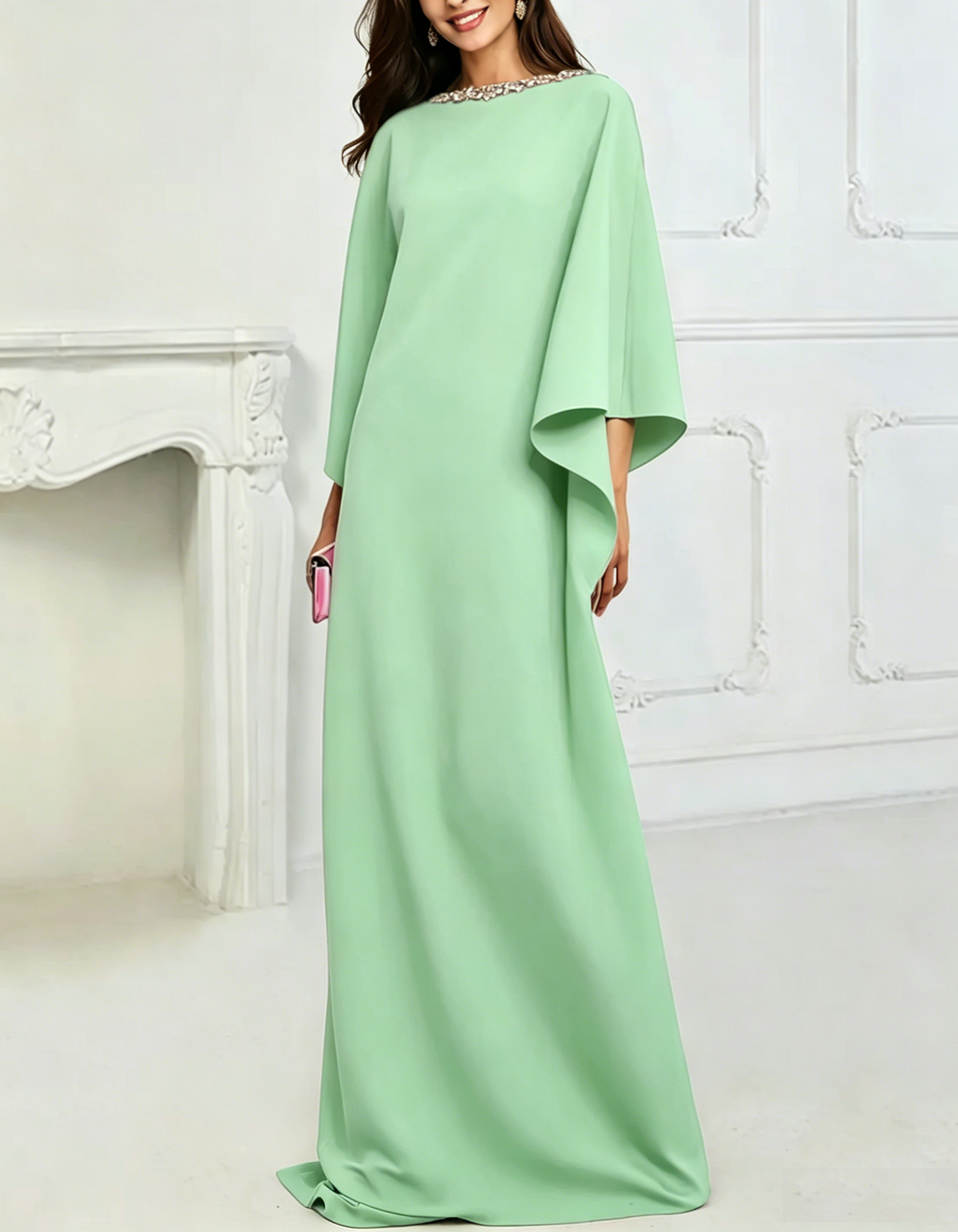 Vestido maxi solto evasé, elástico, com mangas morcego e gola redonda, com lantejoulas