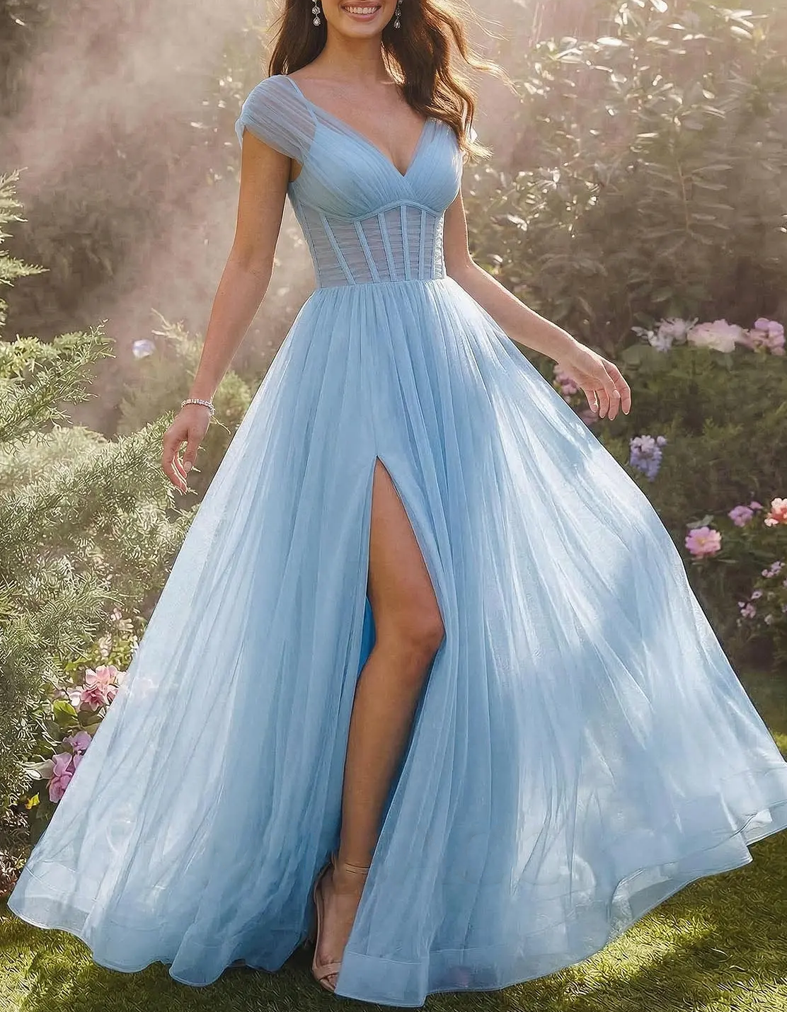 Cap Sleeve V-Neck Boned Corset Tulle Slit A-Line Maxi Dress
