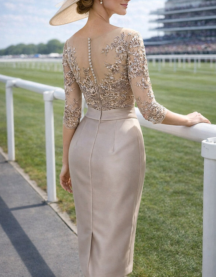 Vestido midi de satén con encaje floral y cuello redondo Champagne Illusion
