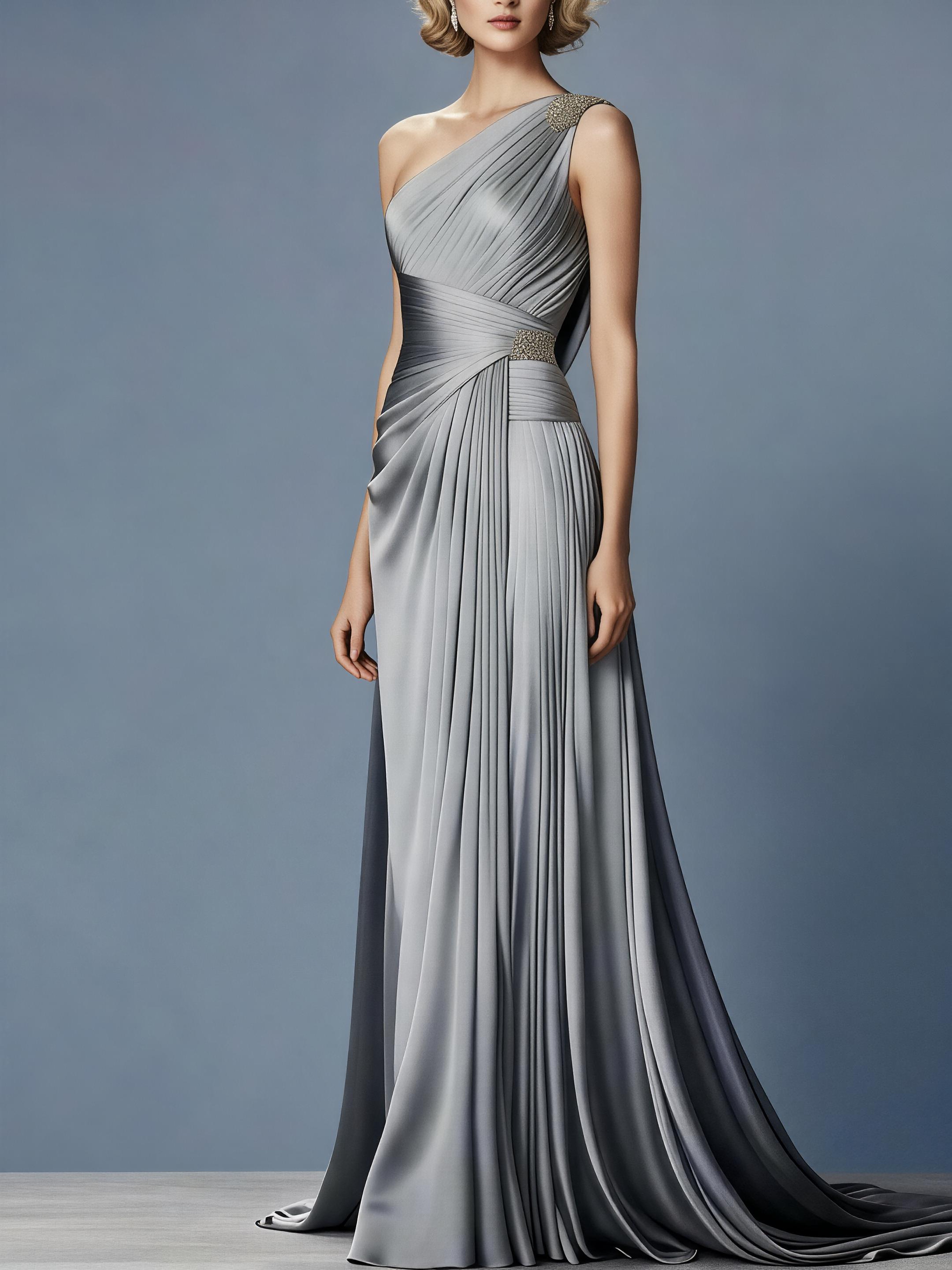 Vestido Maxi de Cetim Plissado Cinza Prateado com Um Ombro Só