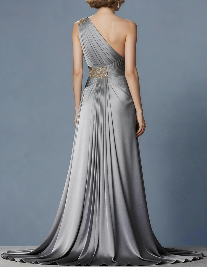 Robe longue en satin plissé gris argenté à une épaule