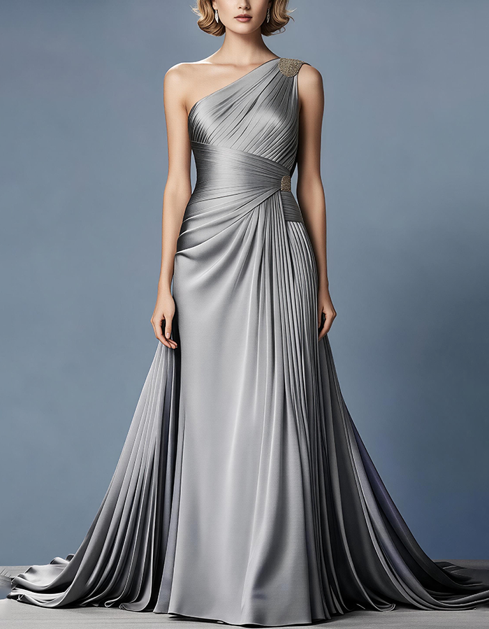 Maxikleid aus plissiertem Satin in Silbergrau mit einem schulterfreien Träger
