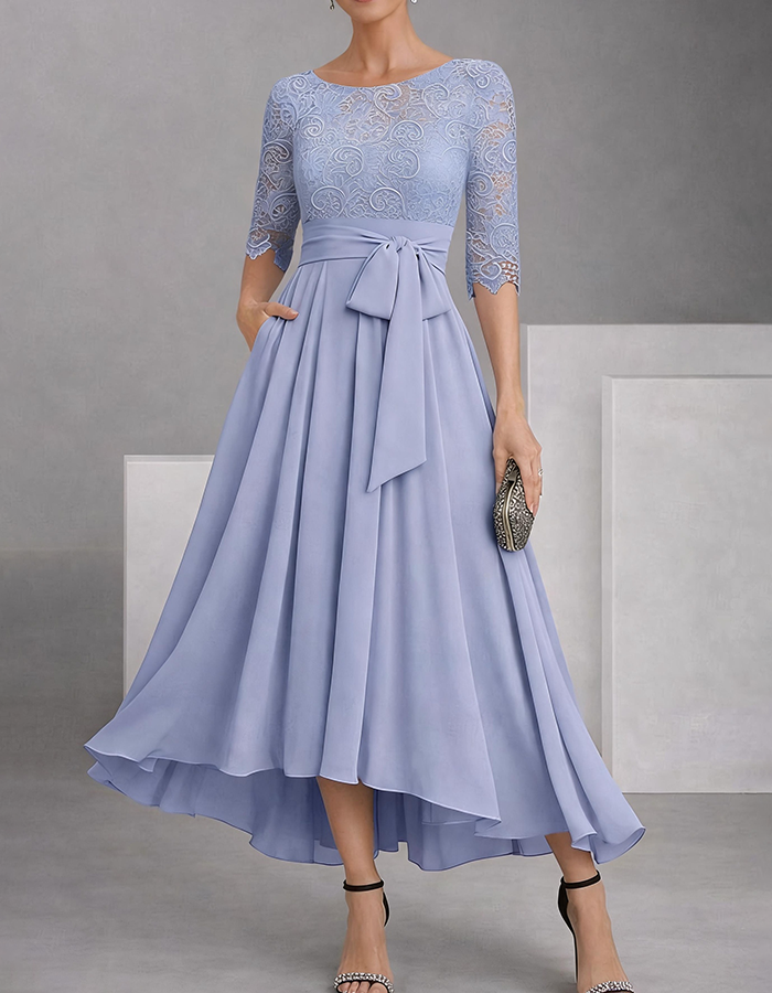 Navy Blue Round Neck Color-Block Lace Chiffon High-Low Midi Dress