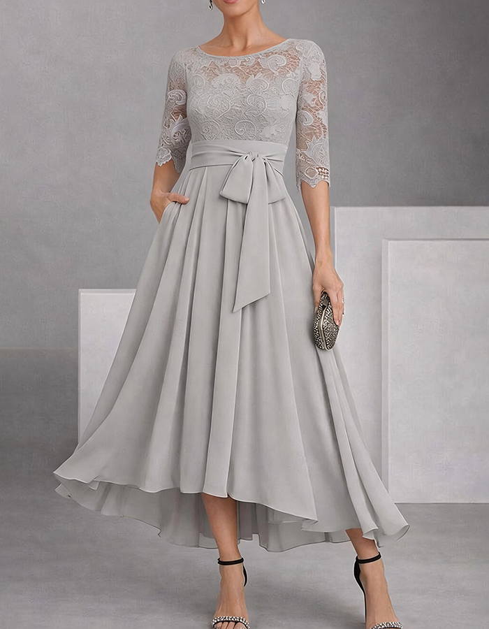 Navy Blue Round Neck Color-Block Lace Chiffon High-Low Midi Dress