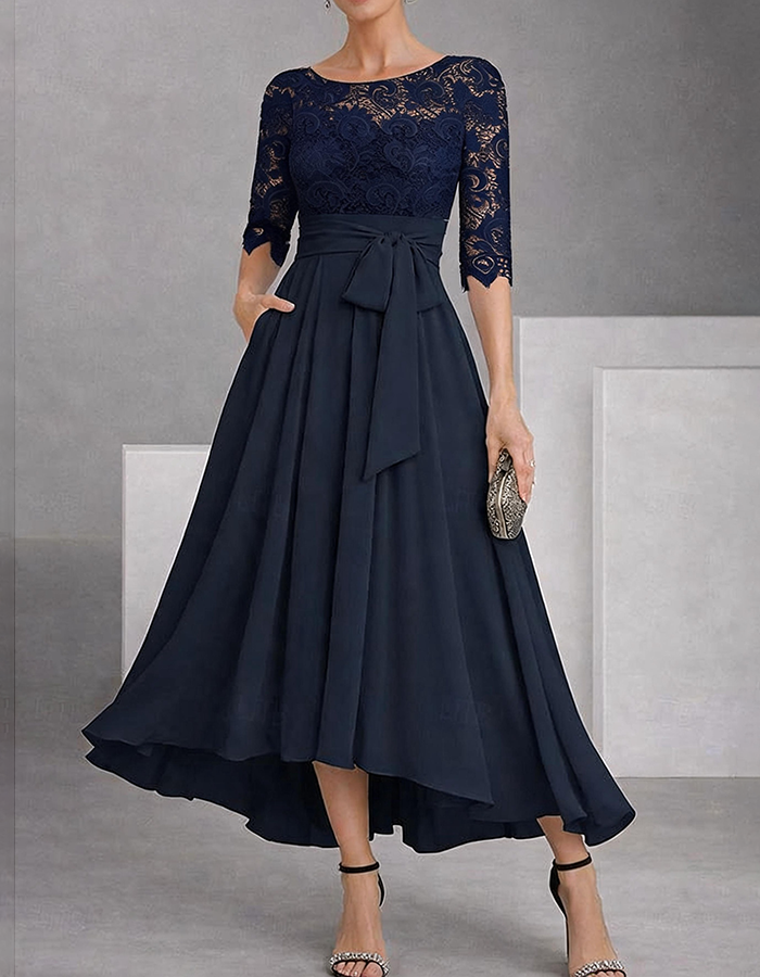 Navy Blue Round Neck Color-Block Lace Chiffon High-Low Midi Dress