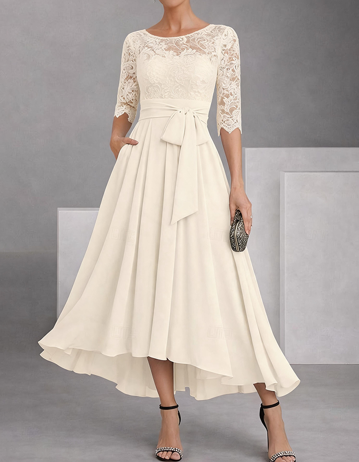 Navy Blue Round Neck Color-Block Lace Chiffon High-Low Midi Dress