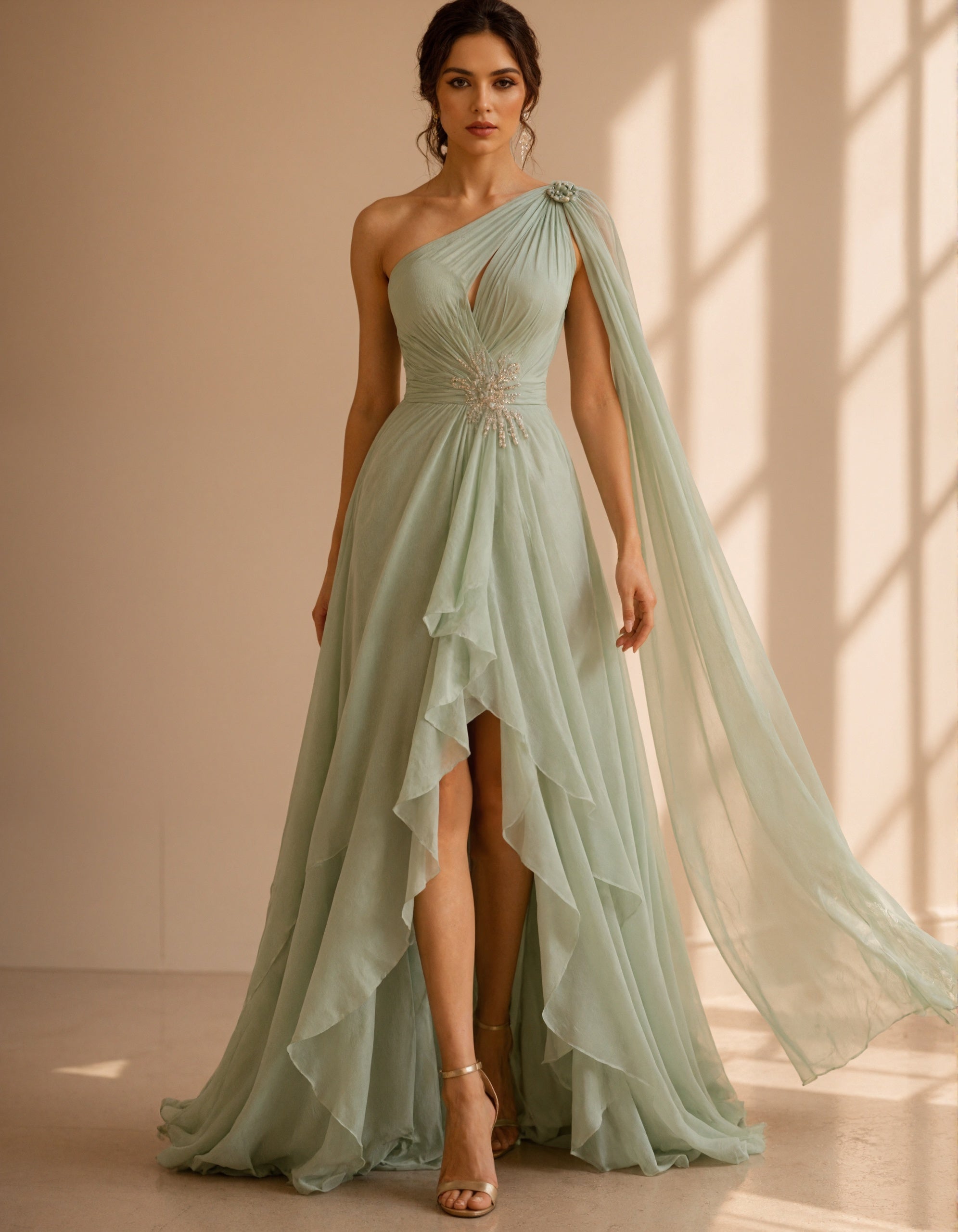 Vestido longo verde-sálvia de chiffon com um ombro e manga capa drapeada  