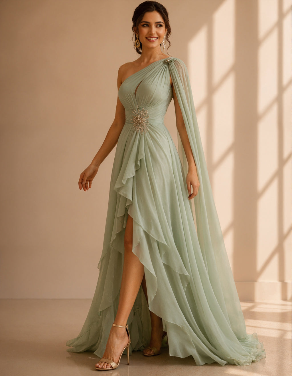 Sage Green Chiffon One Shoulder Draped Cape Sleeve Maxi Dress